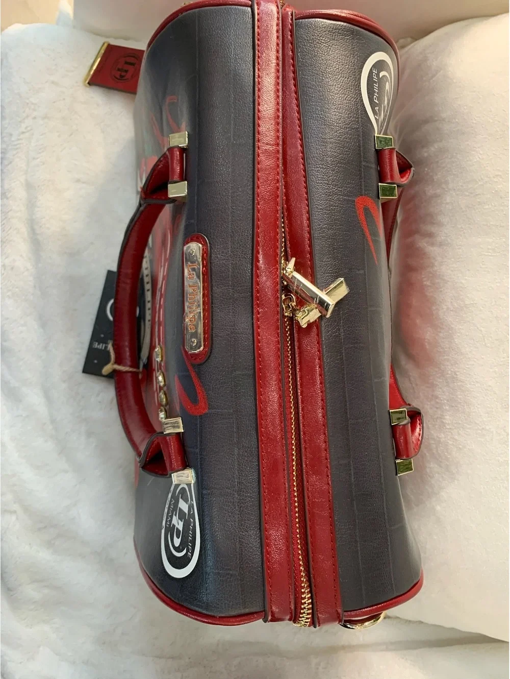 La Philipe Miami Designer Handbag with Red Lip Print and Emb